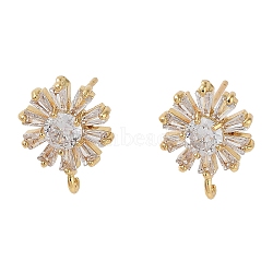 Brass Micro Pave Cubic Zirconia Studs Earring Findings, Long-Lasting Plated, Lead Free & Cadmium Free, Flower, Real 18K Gold Plated, 15x11mm, Hole: 1.2mm, Pin: 13x0.6mm(KK-K364-09G)