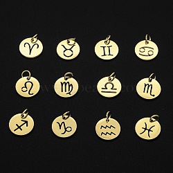 201 Stainless Steel Charms, Laser Cut, with Jump Rings, Flat Round with 12 Constellations, Rainbow, Golden, 12x12x1mm, Total: 12pcs/set.(STAS-Q237-M003-6)