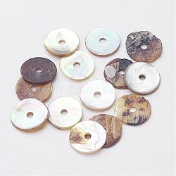 Flat Round Natural Akoya Shell Beads, Mother of Pearl Shell Beads, Camel, 7.5~8x1mm, Hole: 1mm, about 1440pcs/bag(SHEL-N034-06)