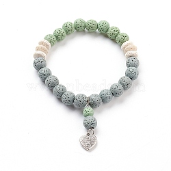 Natural Lava Rock Beads Stretch Charm Bracelets, with Antique Silver Plated Alloy Charms, Heart, Green, Inner Diameter: 2-1/4 inch(5.6cm)(X-BJEW-E376-01B)