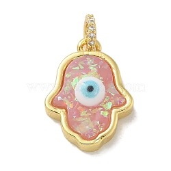 Rack Plating Brass Pendants, with Resin Imitation Opal & Glitter, Long-Lasting Plated, Lead Free & Cadmium Free,Hamsa Hand with Evil Eye, Misty Rose, 19.5x14.5x5mm, Hole: 3mm(KK-Q009-05G-03)