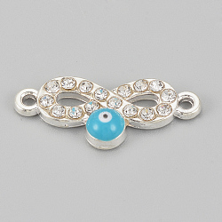 Alloy Rhinestone Links Connectors, Cadmium Free & Lead Free, Infinity with Evil Eye, Sky Blue, Silver Color Plated, 22.5x9.5x2.5mm, Hole: 1mm(X-ALRI-S170-31S)