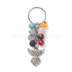 Mixed Gemstone Beads Keychain, with Resin Imitation Amber Beads and Tibetan Style Alloy Angel Pendants, Iron Split Key Rings, Antique Silver & Platinum, 8cm(KEYC-AL00001)
