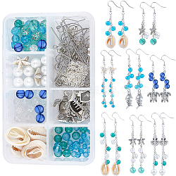 DIY Ocean Theme Earring Making Kits, include Cowrie Shell & Glass & Synthetical Turquoise Beads, Alloy Pendants, Brass Cable Chains & Earring Hooks, Iron Findings, Antique Silver & Platinum, 18~20x13~14x6~8mm(DIY-SC0012-31)