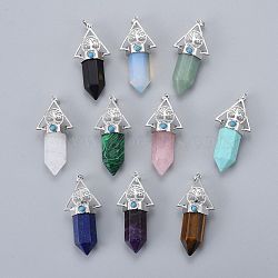 Natural & Synthetic Mixed Gemstone Pointed Big Pendants, with Platinum Tone Brass Findings, Faceted, Bullet & Triangle & Tree of Life, 61x28.5x20mm, Hole: 8x5mm(G-L520-L)