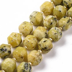 Natural Yellow Sopt Jade Beads Strands, with Seed Beads, Faceted Bicone Barrel Drum, 9~10mm, Hole: 1.2mm, about 29~32pcs/strand, 14.45~14.84 inch(36.7~37.7cm)(G-G990-F08)