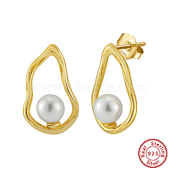 925 Sterling Silver Stud Earrings, with Shell Pearl, Real 14K Gold Plated, 19.5x12mm(EJEW-L294-020G)