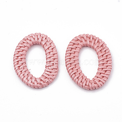 Handmade Spray Painted Reed Cane/Rattan Woven Linking Rings, For Making Straw Earrings and Necklaces,  Dyed, Pearlized Effect, Oval, Flamingo, 46~54x32~40x4~5mm, inner measure: 28~37x16~19.5mm(WOVE-N007-04D)