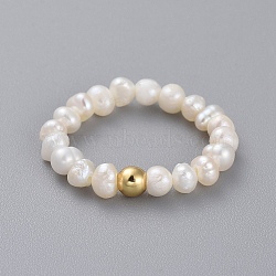 Natural Cultured Freshwater Pearl Finger Rings, with Brass Round Beads and Elastic Crystal Thread, Golden, Size 6, 16mm(RJEW-JR00295-02)