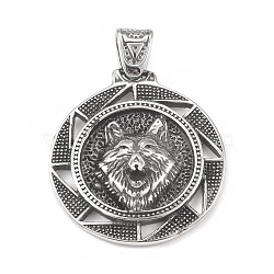 304 Stainless Steel Pendants, Flat Round with Wolf Pattern, Antique Silver, 44x40x11mm, Hole: 4.5x8mm(STAS-G303-13AS)