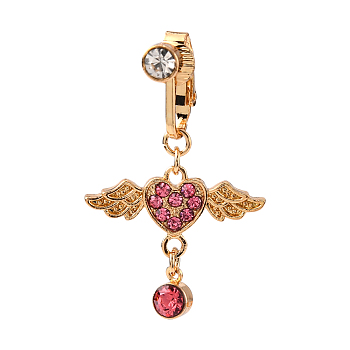 Heart with Wing Rhinestone Charm Belly Ring, Clip On Navel Ring, Non Piercing Jewelry for Women, Golden, Light Amethyst, 43mm