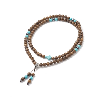 Alloy Gourd Tassel Pendant Necklace, Natural Wood & Synthetic Turquoise Cross Beaded Yoga Necklace for Women, Coffee, 34.65 inch(88cm)