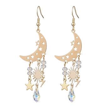Moon & Star & Sun & Lightning Alloy Chandelier Earrings, Glass Long Drop Earrings, Light Gold, 75x20mm