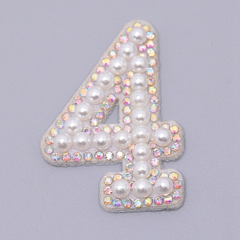 Imitation Pearls Patches, Iron/Sew on Appliques, with Glitter Rhinestone, Costume Accessories, for Clothes, Bag Pants, Number, Num.4, 44.5x30.5x4.5mm