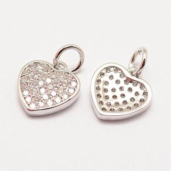 Brass Micro Pave Grade AAA Cubic Zirconia Charms, Long-Lasting Plated, Heart, Cadmium Free & Nickel Free & Lead Free, Real Platinum Plated, 11x10x2mm, Hole: 3mm