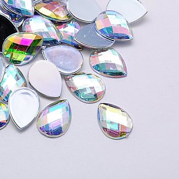 Imitation Taiwan Acrylic Rhinestone Cabochons, Flat Back, Faceted Teardrop, AB Color, Clear AB, 13x8x3mm, about 2000pcs/bag