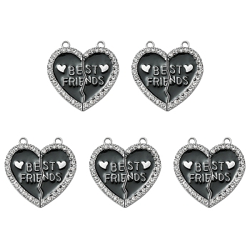 Alloy Enamel Split Pendant, with Rhinestone, Cadmium Free & Nickel Free & Lead Free, Platinum, Broken Heart with Word Best Friend, Black, 31x30.5x2mm, Hole: 2mm