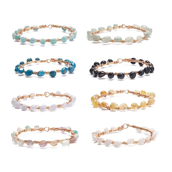 8Pcs 8 Style Natural Mixed Gemstone Braided Beaded Bracelets Set, Copper Wire Wrap Jewelry for Women, Light Gold, 8-1/8 inch(20.6cm), 1Pc/style