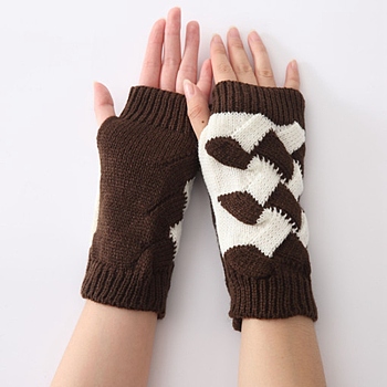 Polyacrylonitrile Fiber Yarn Knitting Fingerless Gloves, Two Tone Winter Warm Gloves with Thumb Hole, Coffee & White, 200x100mm