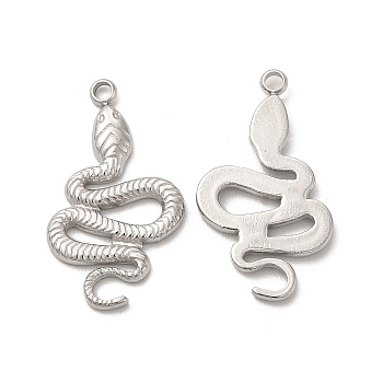 201 Stainless Steel Pendants, Snake Charm, Stainless Steel Color, 25x14x2mm, Hole: 1.5mm