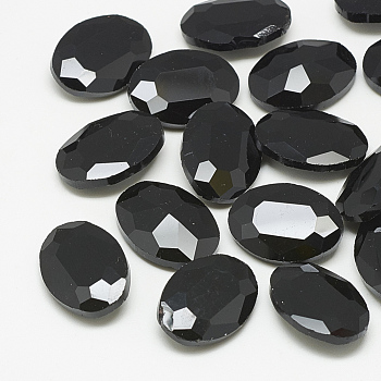 Pointed Back Glass Rhinestone Cabochons, Faceted, Oval, Jet, 18x13x5.5mm