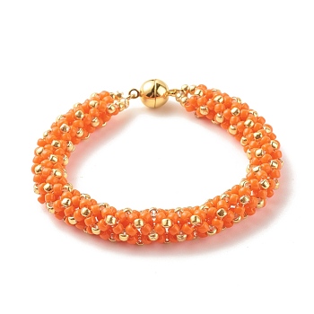 Glass Seed Beaded Bracelet with Brass Magnetic Clasp, Braided Bracelet for Women, Orange, 7-1/2 inch(19cm)