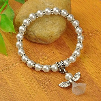 Lovely Wedding Dress Angel Bracelets for Kids, Carnival Stretch Bracelets, with Glass Pearl Beads and Tibetan Style Beads, White, 45mm