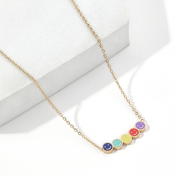 Colorful Enamel Smile Face Pendant Necklace with 201 Stainless Steel Cable Chains, Golden, 17.32 inch(44cm)