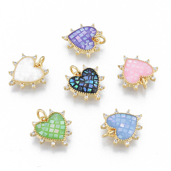 Brass Micro Pave Clear Cubic Zirconia Pendants, with Jump Rings and Shell, Enamel, Real 18K Gold Plated, Nickel Free, Heart, Mixed Color, 15.5x15.5x3mm, Jump Ring: 5x1mm, 3mm inner diameter