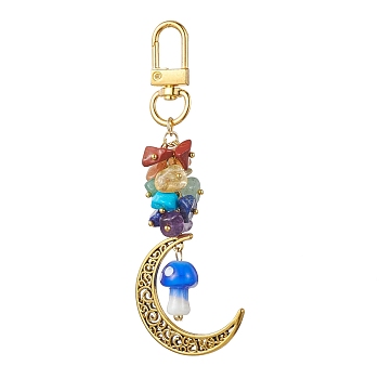 Alloy Hollow Moon & Lampwork Mushroom Pendant Decorations, Natural & Synthetic Mixed Stone Chip and Swivel Clasps Charm, Dodger Blue, 99mm