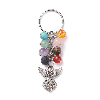 Mixed Gemstone Beads Keychain, with Resin Imitation Amber Beads and Tibetan Style Alloy Angel Pendants, Iron Split Key Rings, Antique Silver & Platinum, 8cm
