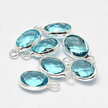 Oval Faceted Silver Color Plated Brass Glass Charms, Light Sky Blue, 12x7x3.5mm, Hole: 1mm