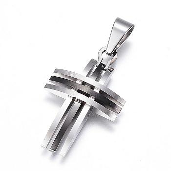 304 Stainless Steel Pendants, Frosted & Smooth Surface, Cross, Gunmetal & Stainless Steel Color, 28x20x5mm, Hole: 7x5mm