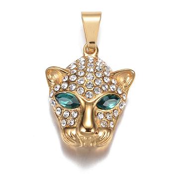 316 Surgical Stainless Steel Pendants, Leopard Head, with Rhinestones, Golden, 35x27x12mm, Hole: 7x10mm