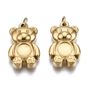 304 Stainless Steel Pendant Cabochon Settings, with Jump Rings, Bear, Real 14K Gold Plated, Tray: 4.5mm, 17.5x11x4mm, Jump Ring: 3.8x0.6mm, 2.6mm inner diameter