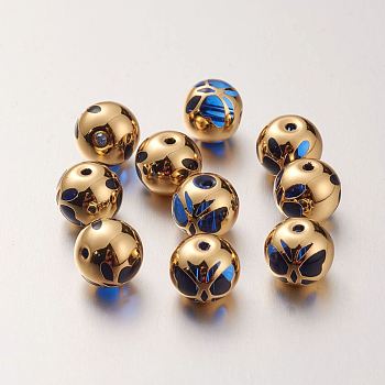 K9 Glass Beads, Covered with Brass, Round with Butterfly Pattern, Real 22K Gold Plated, Medium Blue, 10.2x9.2mm, Hole: 1.5mm