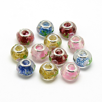 Rondelle Lampwork Large Hole European Beads, with Silver Color Plated Brass Cores, Mixed Color, 14~15x10~11mm, Hole: 5mm