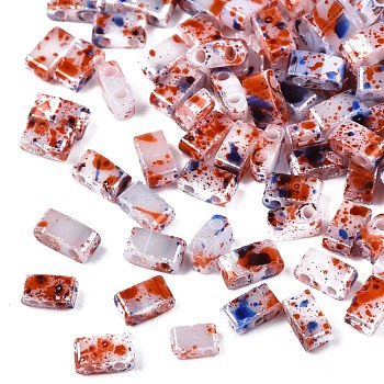 2-Hole Opaque Glass Seed Beads, Antique Style, Rectangle, Orange Red, 4.5~5.5x2~2.5x2mm, Hole: 0.5~0.8mm