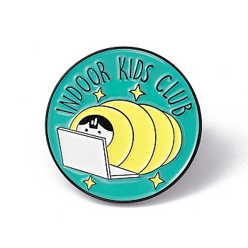 Word Indoor Kids Club Enamel Pin, Electrophoresis Black Alloy Flat Round Brooch for Backpack Clothes, Children Pattern, 30x2mm, Pin: 1.2mm