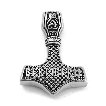 Viking 304 Stainless Steel Pendants, Mjolnir Thor Hammer Charm, Antique Silver, 46x33.5x9.5mm, Hole: 4.5mm