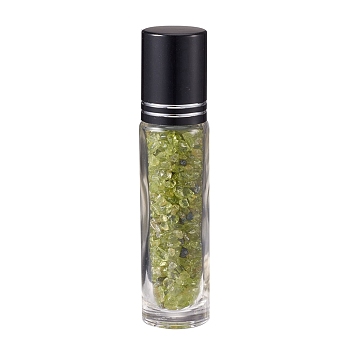 Glass Roller Ball Bottles, Essential Oil Refillable Bottle, with Peridot Chip Beads, for Personal Care, 85x20mm, Beads: 3x11~3x7mm, Capacity: 10ml