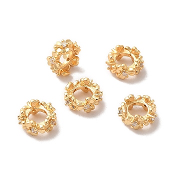 Rack Plating Brass Micro Pave Cubic Zirconia European Beads, Large Hole Beads, Long-Lasting Plated, Flower, Golden, 8x4mm, Hole: 4mm
