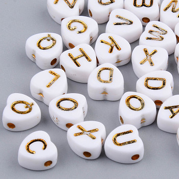Electroplate Opaque Acrylic Beads, Horizontal Hole, Heart with Mixed Golden Letters, White, 7x7x4mm, Hole: 1.5mm