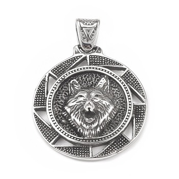 304 Stainless Steel Pendants, Flat Round with Wolf Pattern, Antique Silver, 44x40x11mm, Hole: 4.5x8mm