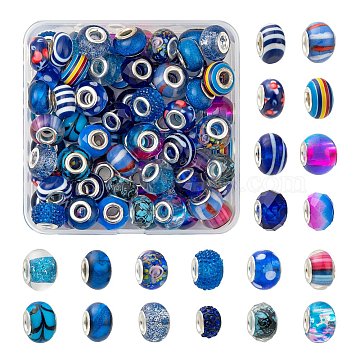 80Pcs 20 Style Rondelle European Beads Set for DIY Jewelry Making Finding Kit, Including Acrylic & Glass & Lampwork & Resin Rhinestone European Beads, Blue, 11~16x7~11mm, Hole: 4.5~5mm, 4pcs/style(DIY-LS0004-14)