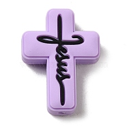 Silicone Beads, Cross with Word Jesus, Lilac, 30x22x8mm, Hole: 2.5mm(SIL-Z010-01E)