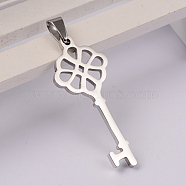 Key 304 Stainless Steel Pendants, Stainless Steel Color, 37x15.5x2mm, Hole: 7x4mm(STAS-E104-02P)