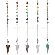 Natural Mixed Gemstone Pointed Dowsing Pendulums, with 304 Stainless Steel Cable Chains, Faceted, Hexagonal Cone Charm, 250~260mm, Hole: 2mm, Pendants: 36x14x12.5mm(PALLOY-JF02456)