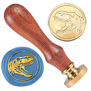 Wax Seal Stamp Set, 1Pc Golden Tone Sealing Wax Stamp Solid Brass Head, with 1Pc Wood Handle, for Envelopes Invitations, Gift Card, Dinosaur, 83x22mm, Stamps: 25x14.5mm(AJEW-WH0208-1100)