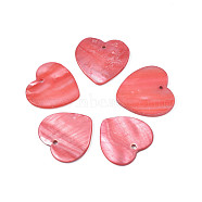 Natural Freshwater Shell Pendants, Dyed, Heart, Light Coral, 26.5~33x28~33x2~3mm, Hole: 1.8~2mm(SHEL-N026-176B)